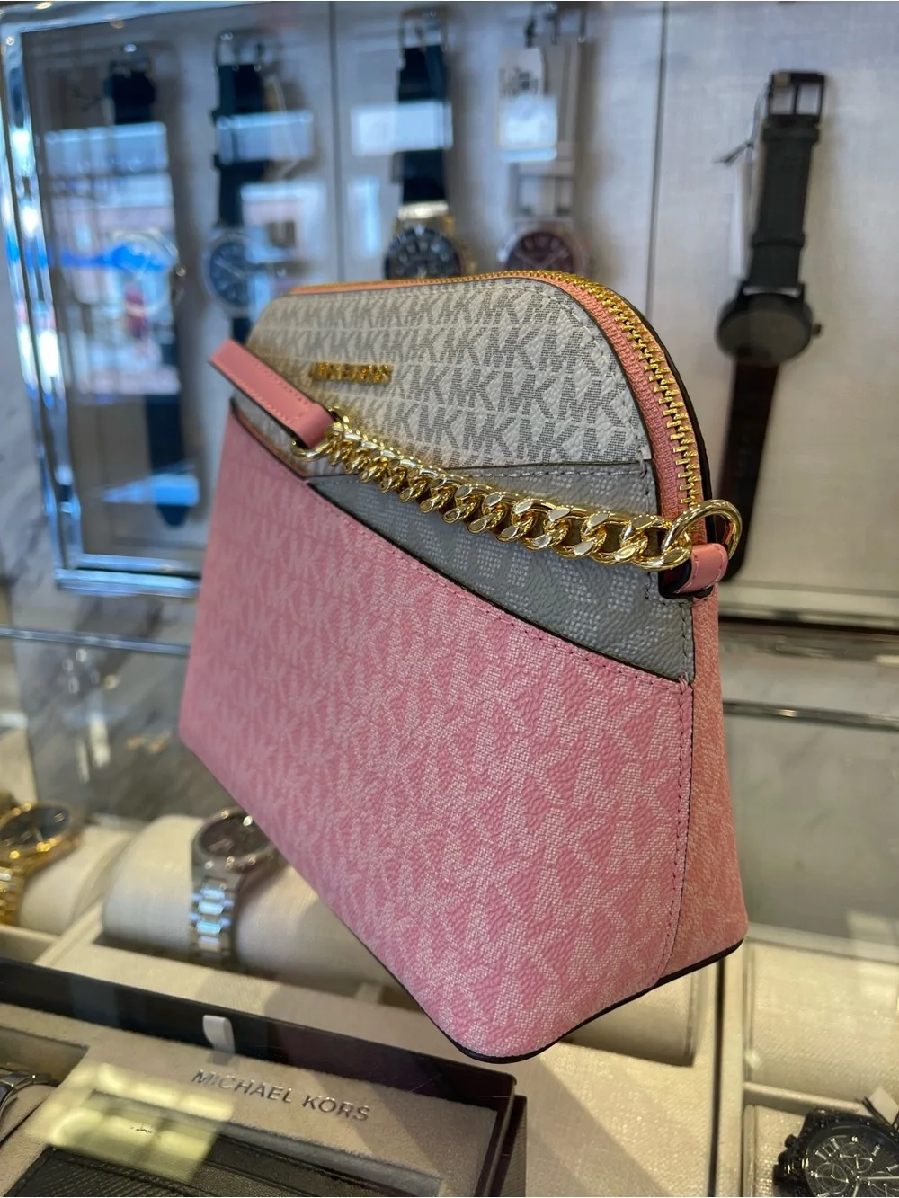 MICHAEL KORS JST Md Dome Color-Block Signature Logo Crossbody Bag Carnation NWT